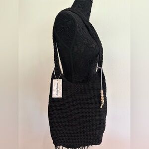Tommy Bahama Black Handwoven Crochet Shoulder Bag with Bead Tassel